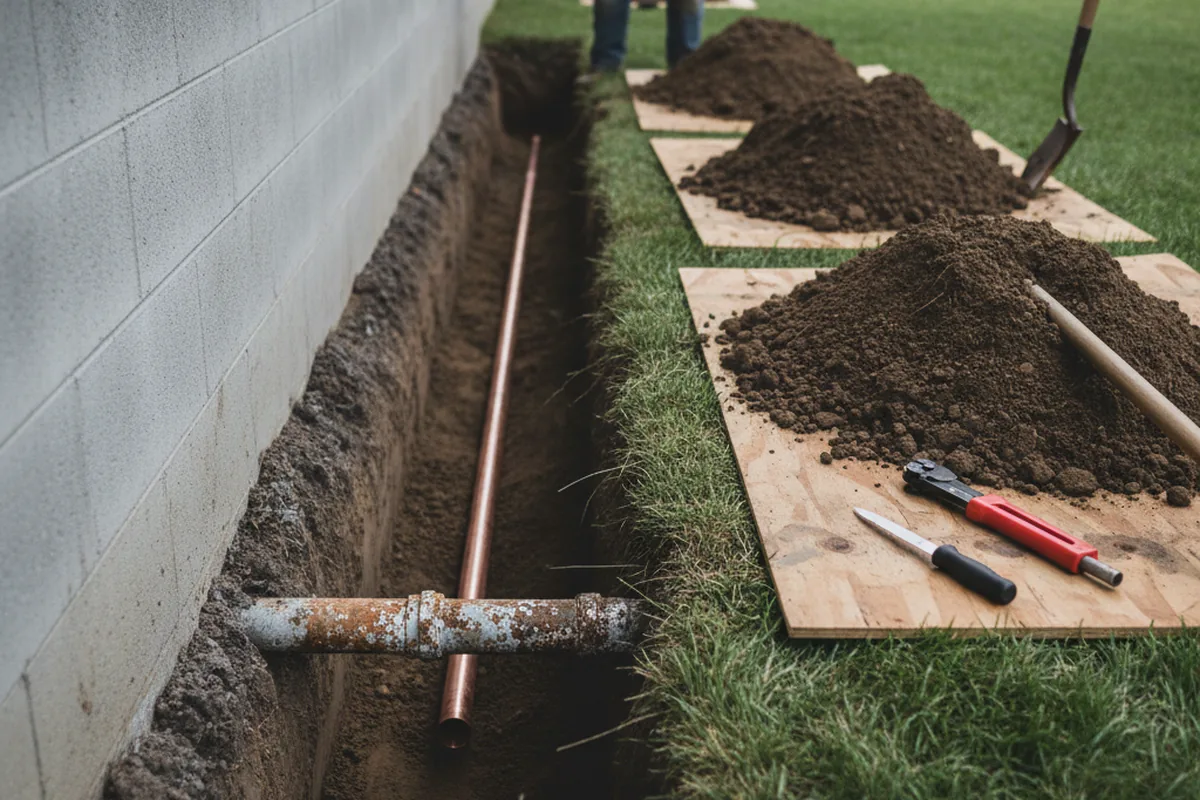 Excavated water line trench during Sewer Line Repair in Keithsburg